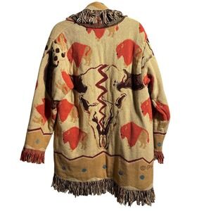 Womens Southwestern Blanket Cardigan Fringe Tapestry Skull Bison Buffalo Tribal